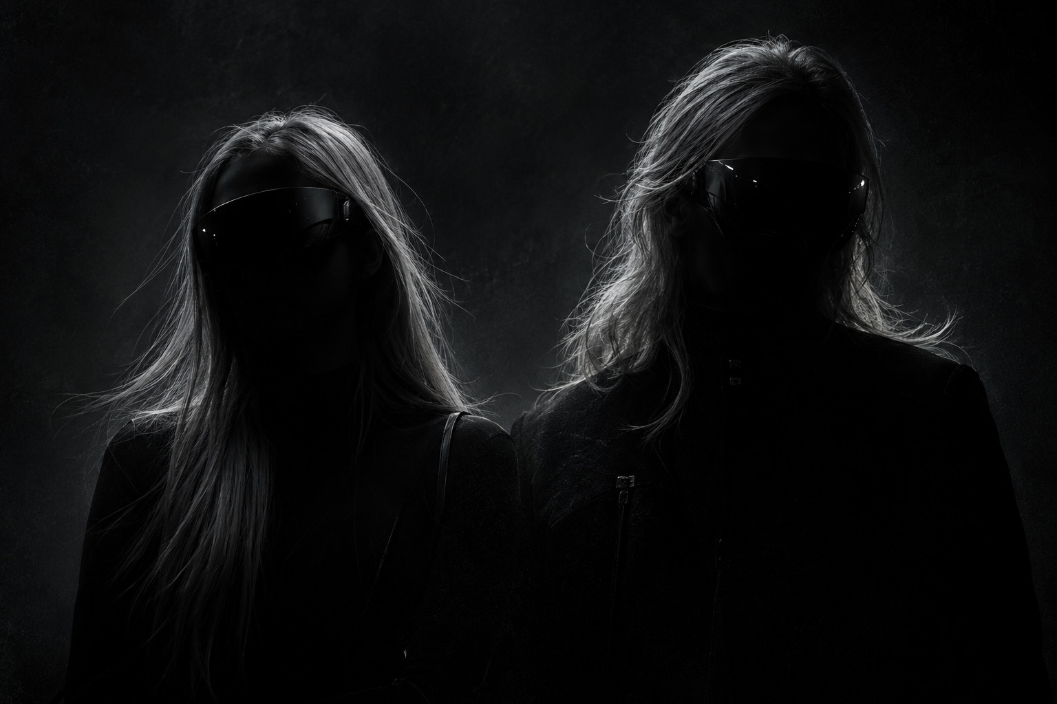 Two shadowed figures with long silver hair and opaque dark visors, their faces concealed.