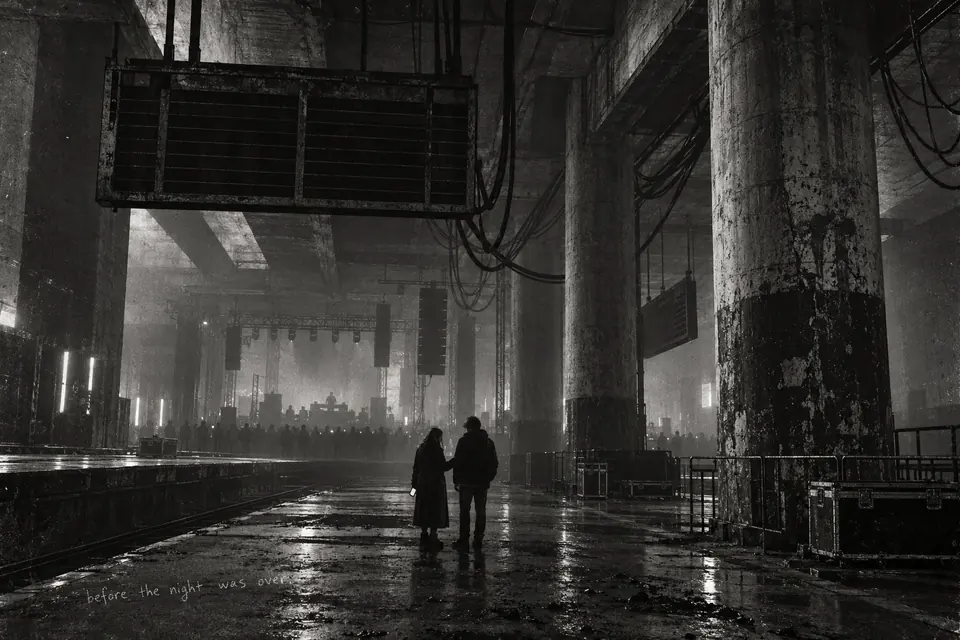 Two figures pause beneath dead station boards at a final concert; one lowers her phone.