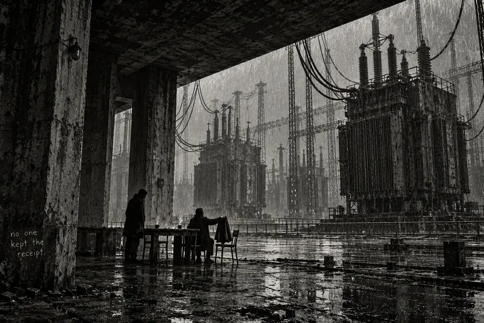 Two people share a dry place beneath a dead substation; one clears a chair for the other.