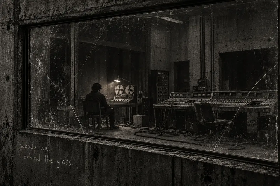 A listener sits beside a turning tape machine in a cracked, abandoned control room.