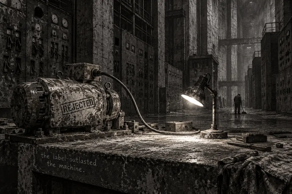 An old machine stamped REJECTED powers a desk lamp while a cleaner sweeps the factory.