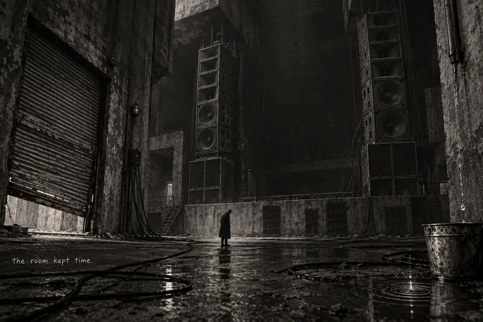 A lone figure beneath dead speakers in a concrete venue, with a bucket, loose shutter and rippling water.